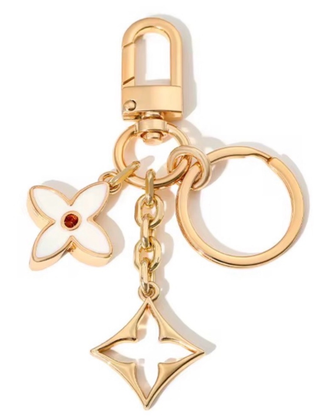 Gold-tone Floral Charm Keyring with White Enamel Accent